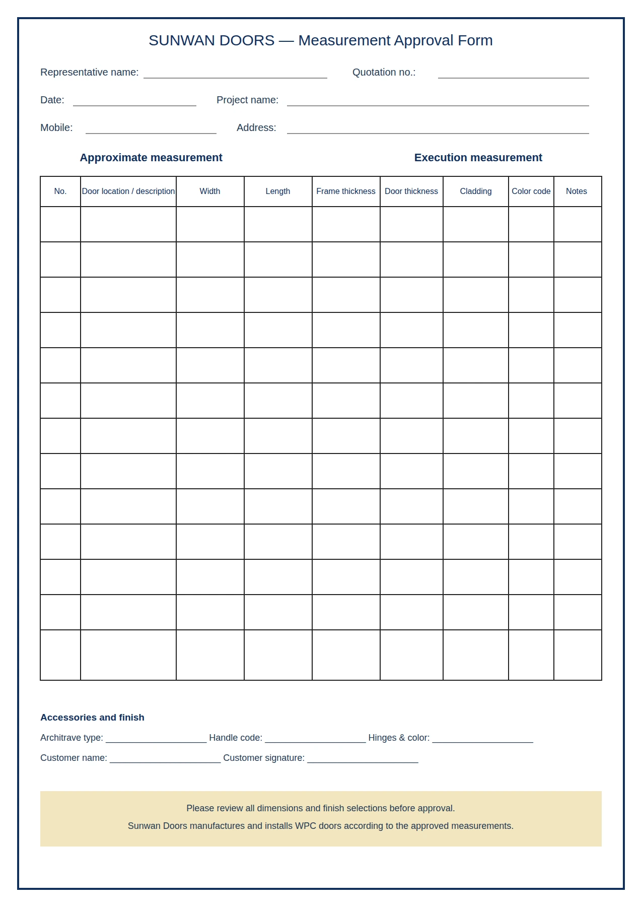 English door measurement approval sheet